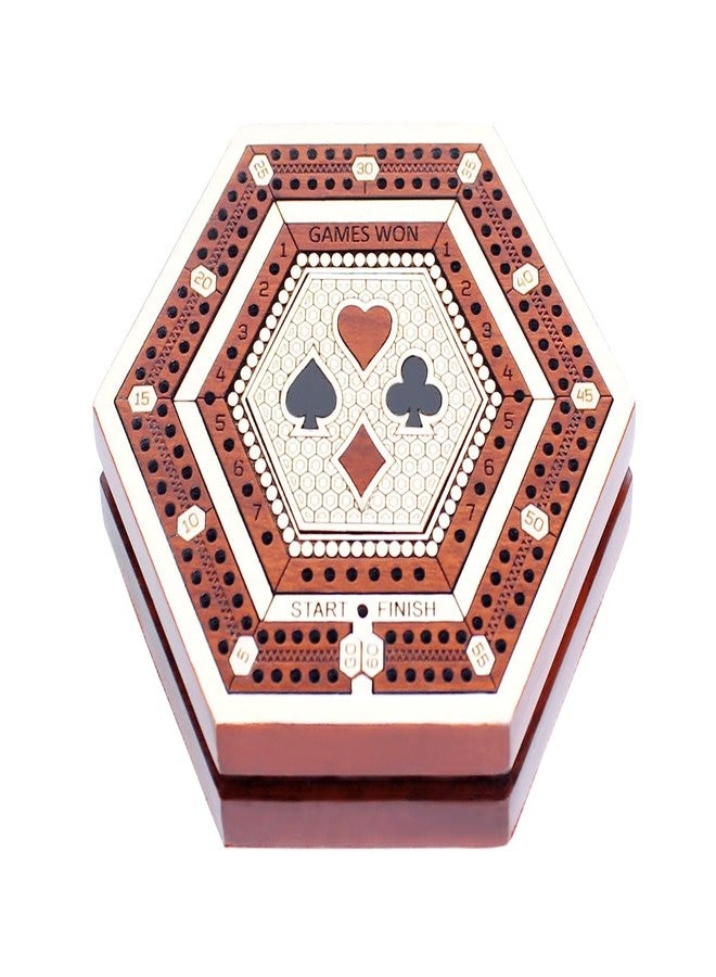House of Cribbage - 2 Track 60 Points - Hexagonal Shape Pocket Size Wooden Travel Cribbage Board - Size 4 Inch (Maple Wood/Bloodwood) - Image 5